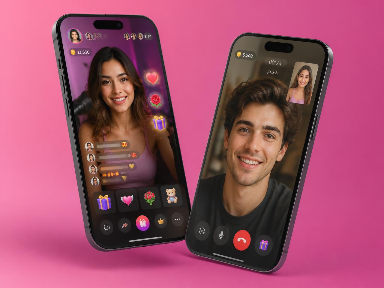 Chamet app live stream room and video call screens on two smartphones